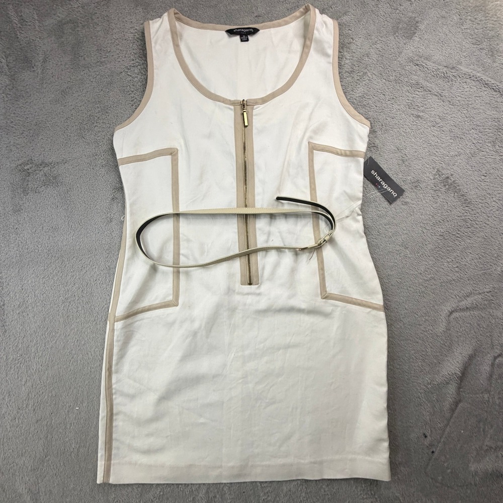 NWT Sharagano Womens White Tan Belted Zip Front Sleeveless Sheath Dress Size 16 - Picture 14 of 14